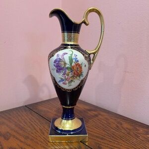 Lindner Kueps Bavaria German Cobalt Blue Gold Trim Pitcher Painted Floral Center